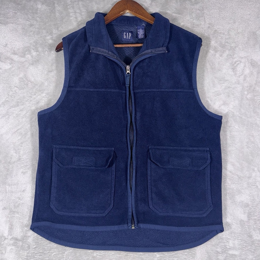Vintage‎ GAP Fleece Vest Size Large Full Zip Navy Blue Jacket Pockets Zipper